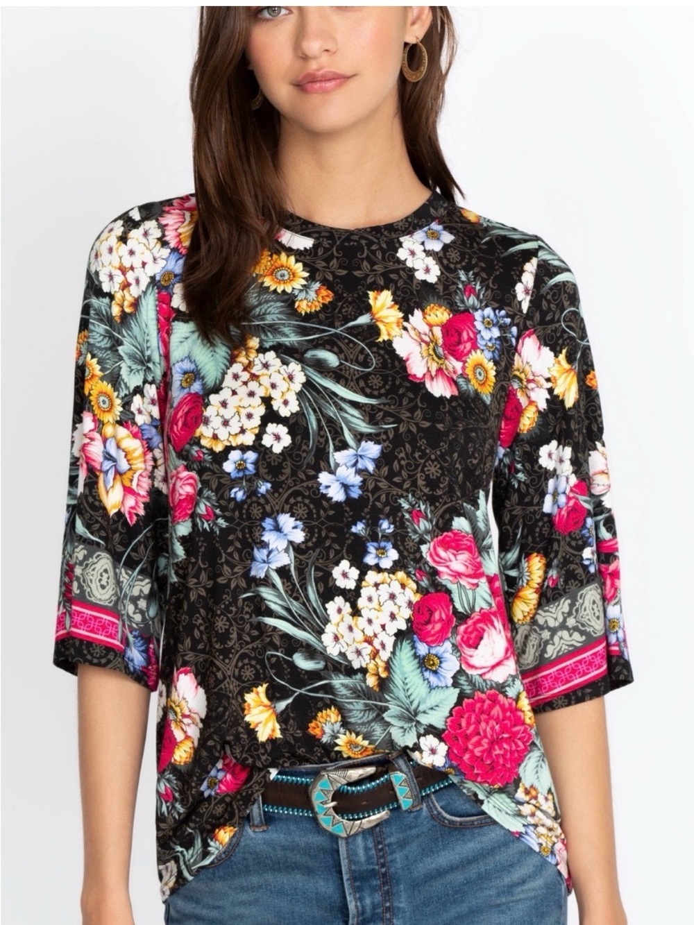 Johnny Was onyx Sistine Bell Sleeve Top. Size S